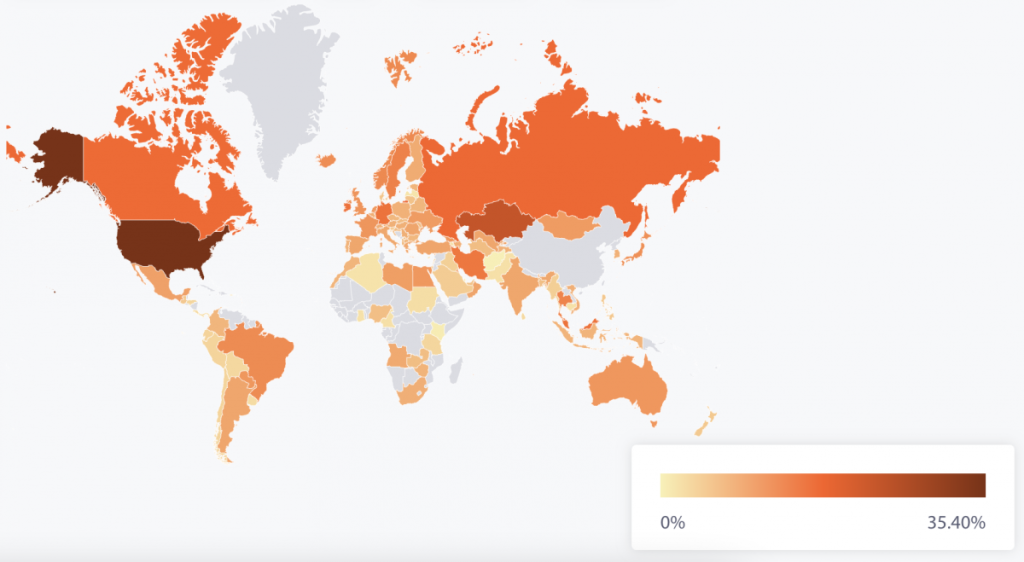 Mapa com distribuição global da mineração de Bitcoin.
